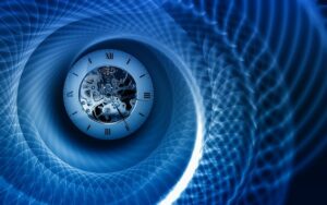 Clock in a blue spiral. An abstract image about the future